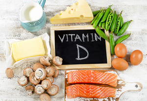 Chalkboard reading “Vitamin D” surrounded by various foods